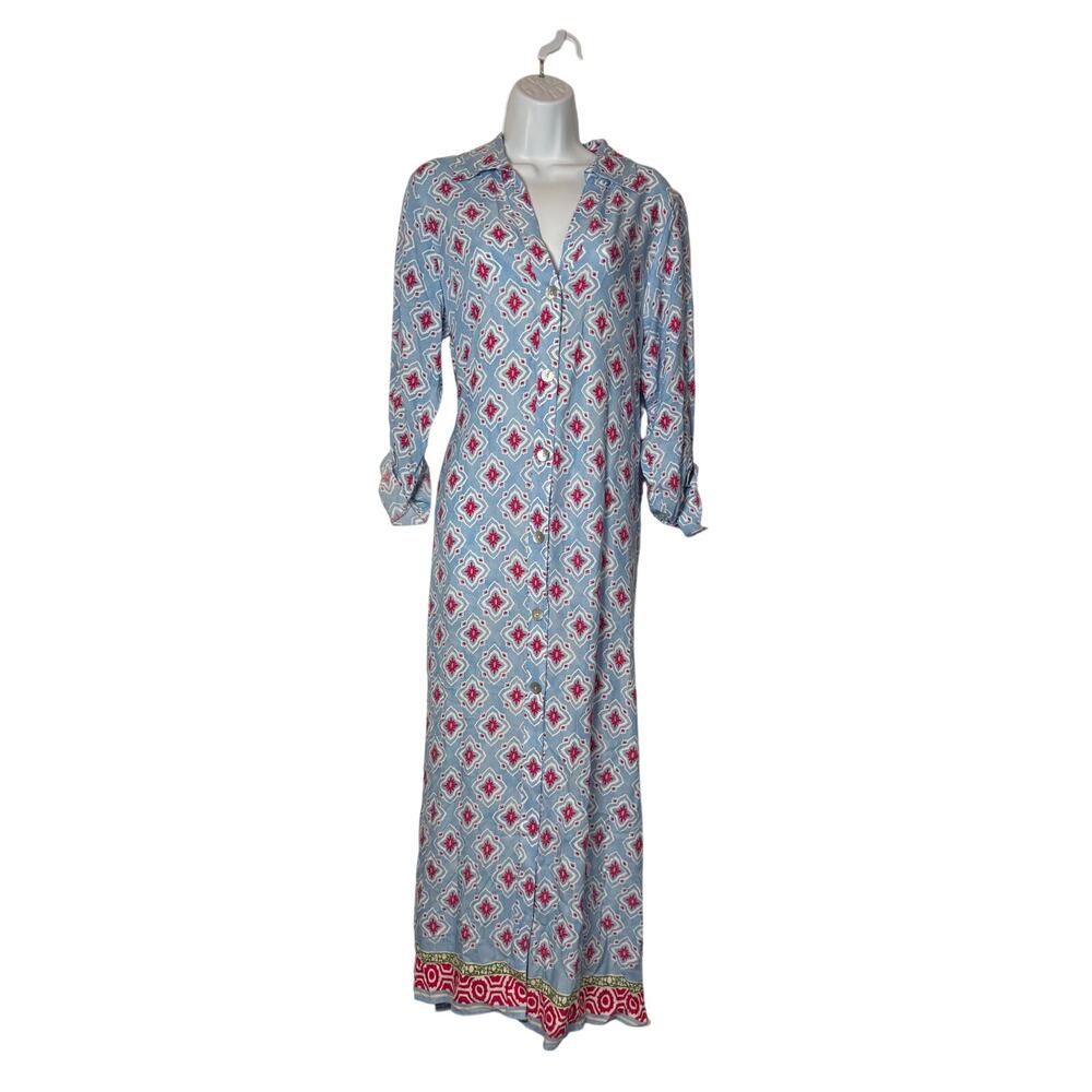 Zara Printed Shirt Dress Size SMALL Blue Pink Pockets Collar Roll Tab Sleeve
